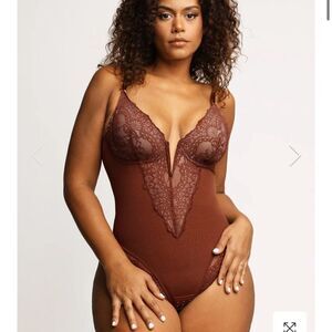 Lace Plunge Bodysuit in Deep Brown - Women